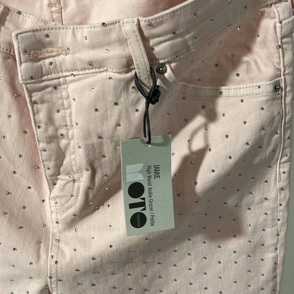 TOPSHOP PETITE ROCKABILLY PINK RHINESTONED ANKLE GRAZER JEANS 34/28 NEW - Picture 2 of 8